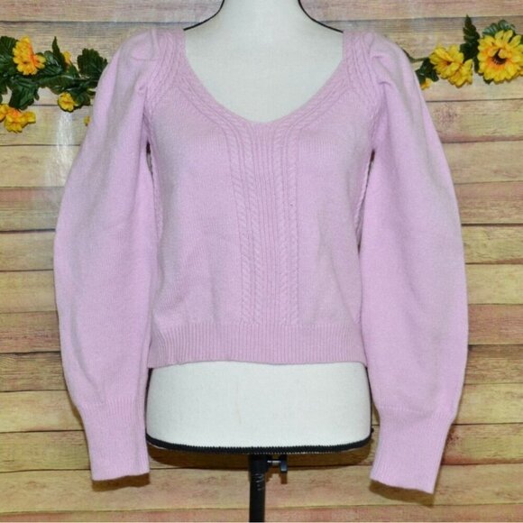 & Merci Ladies Pink Cropped Sweater L V-Neck Puff Sleeve Casual Cottage Core - Picture 1 of 9